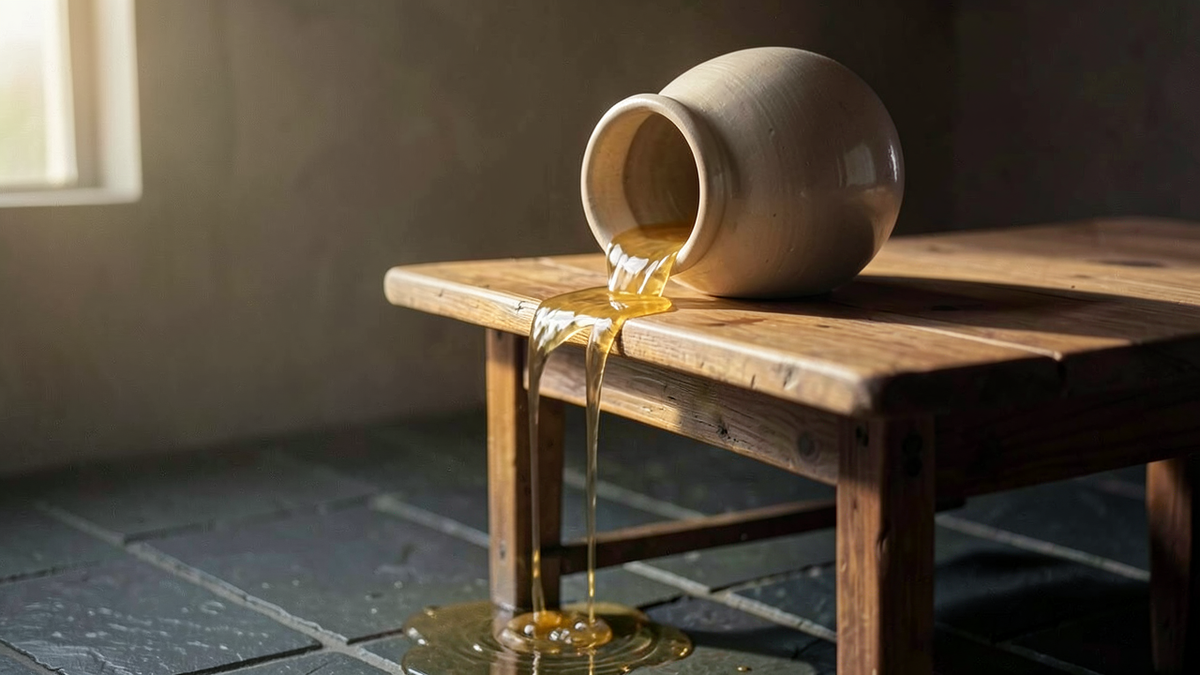 A chain of four vessels pouring liquid from one to the next, each vessel smaller and losing more liquid in the transfer, representing the lossy translations from user need to product spec to code