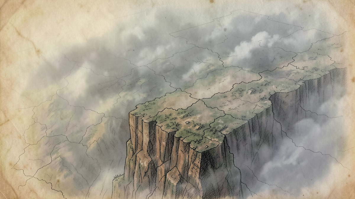 A detailed map that ends abruptly at a cliff edge, the terrain beyond unmapped and shrouded in fog, representing the finite reach of specifications in an infinite world of edge cases