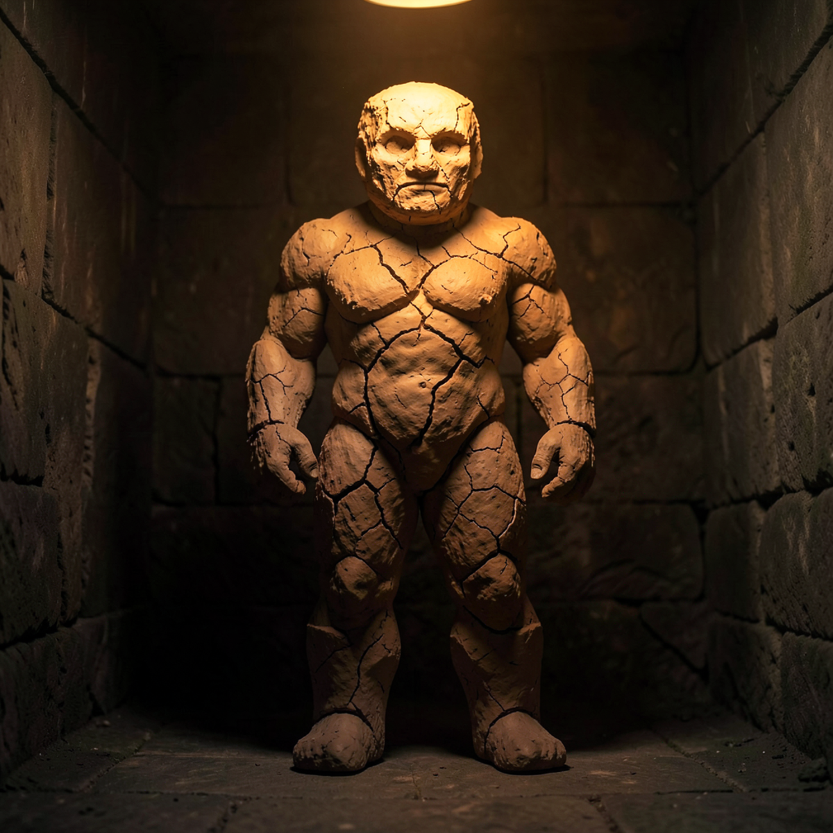 A massive clay figure standing in a dimly lit medieval workshop, its surface rough and unfinished, warm amber candlelight casting long shadows, surrounded by clay tools and wooden molds