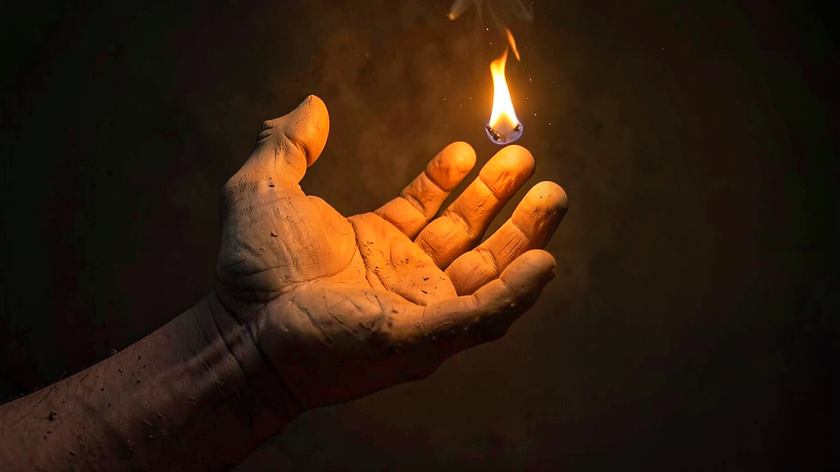 A powerful clay hand reaching upward toward a small flickering flame it cannot grasp, representing the golem's strength without comprehension