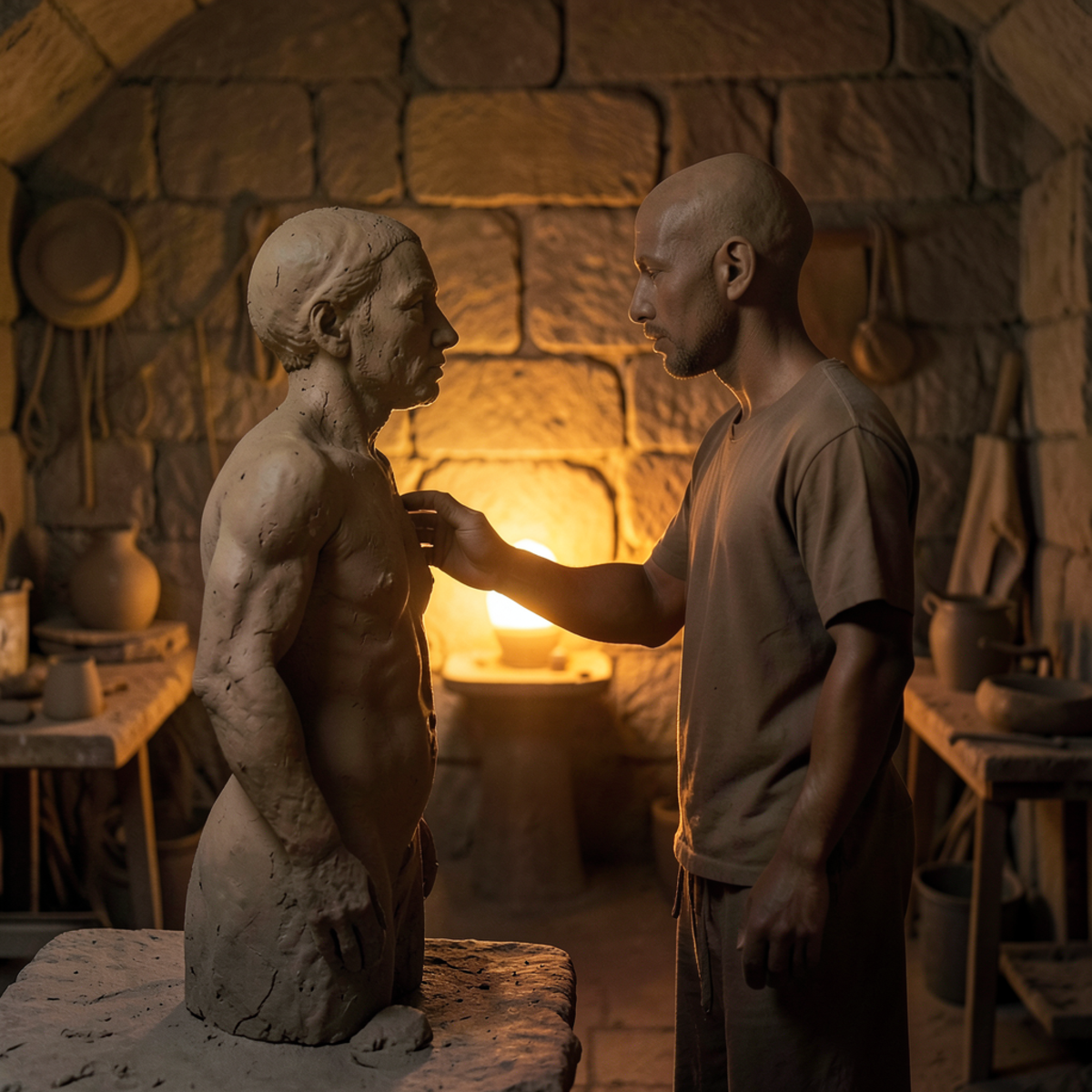 A clay figure and a human figure standing face to face, the human's hand resting gently on the clay figure's shoulder, warm amber light between them, representing the relationship between creator and creation