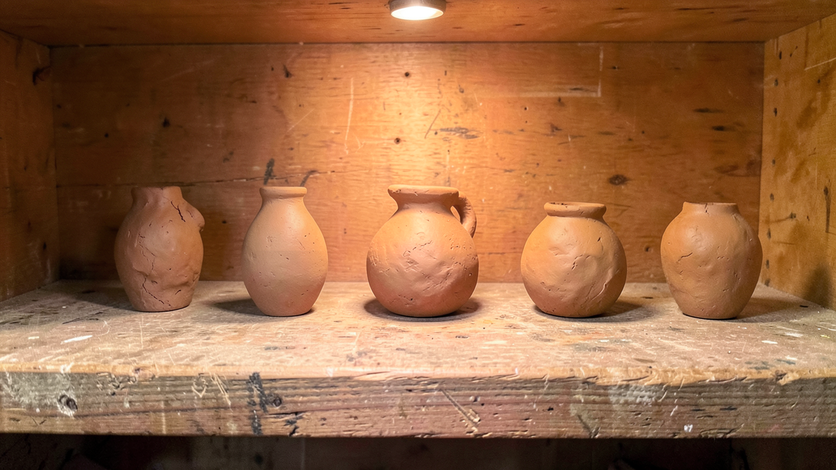 Five different clay objects arranged on a wooden shelf, each one distinct in shape and size but all made from the same earth-toned clay, representing the five technology posts in the series