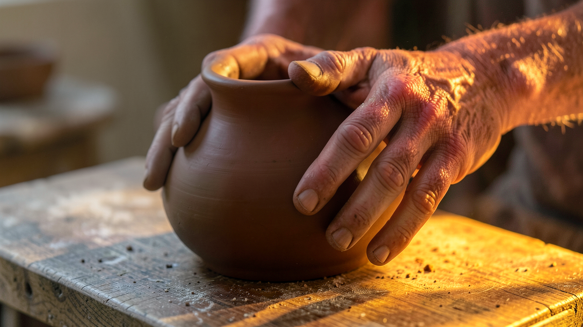 A potter's hands resting on a finished clay vessel on a workbench, the hands showing care and intention, warm amber light, representing the creator's ongoing responsibility for the creation