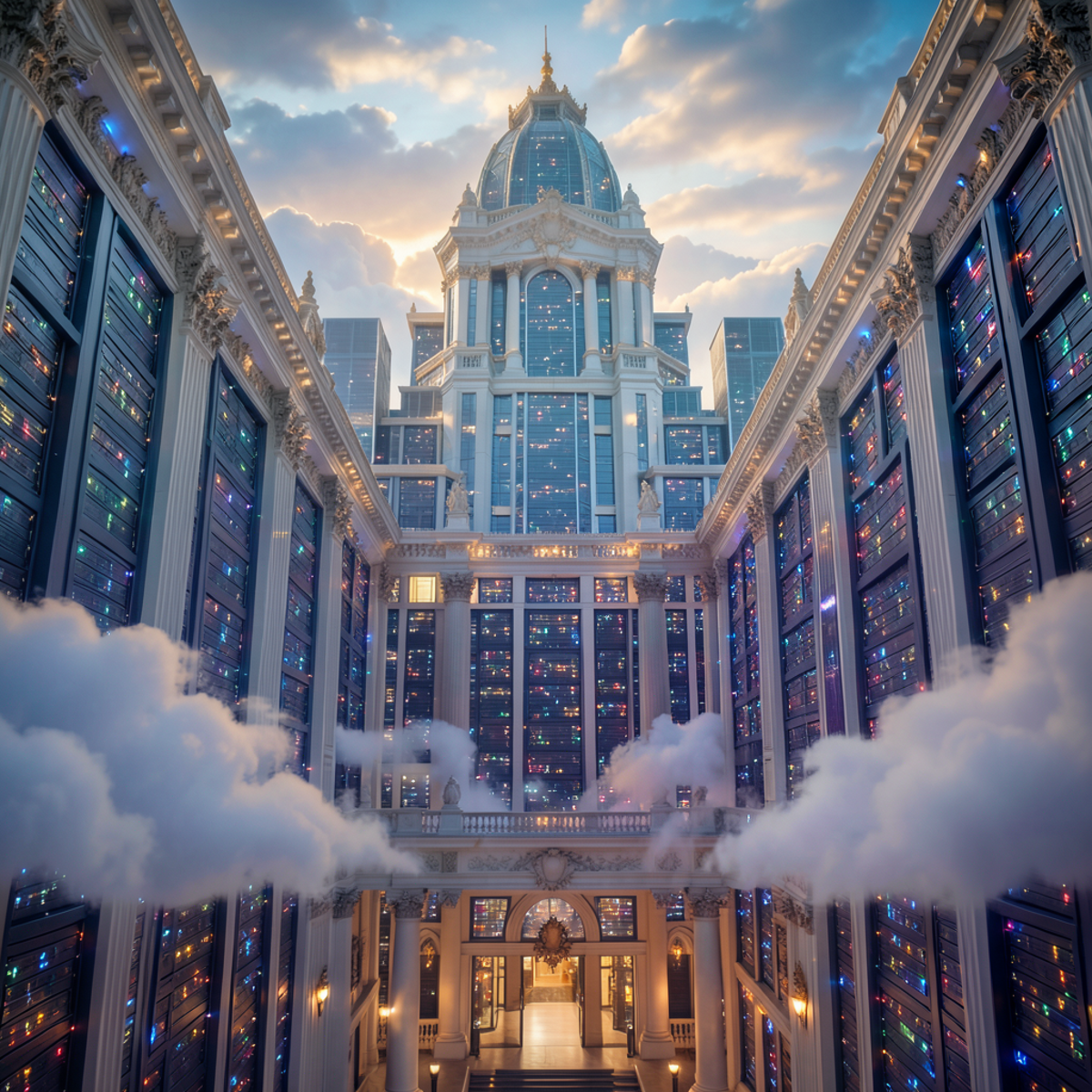 A grand hotel stretching infinitely upward into clouds, with server racks visible through the windows, blending classical hotel architecture with modern data center infrastructure