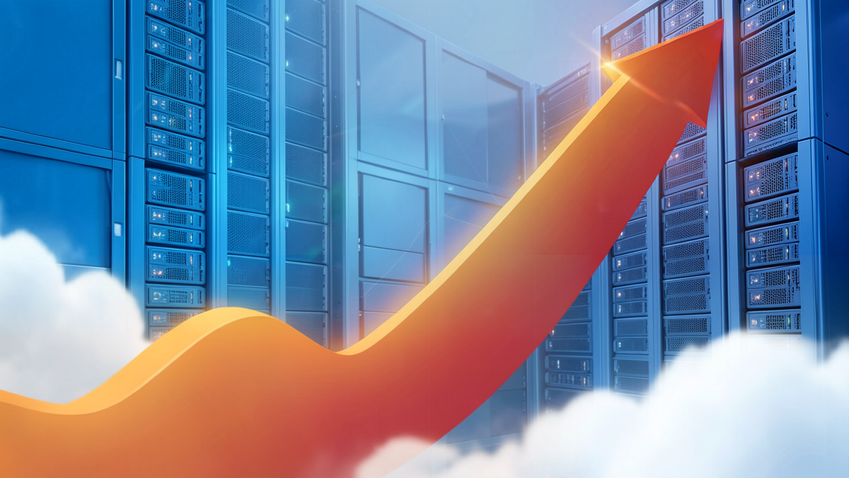 A cost curve graph rising steeply against a backdrop of cloud infrastructure, showing exponential growth in expenses while a value line plateaus, warm oranges and reds against cool server blues