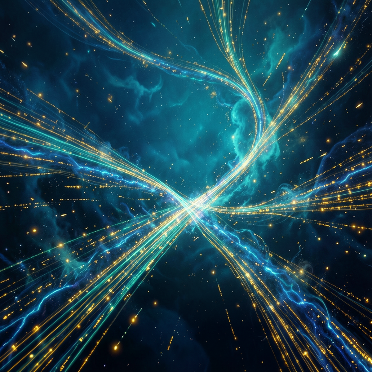 Rivers of data streams flowing at different widths and speeds, some narrow and structured, others vast and chaotic, converging into a deep ocean of information, blues and teals with golden data points