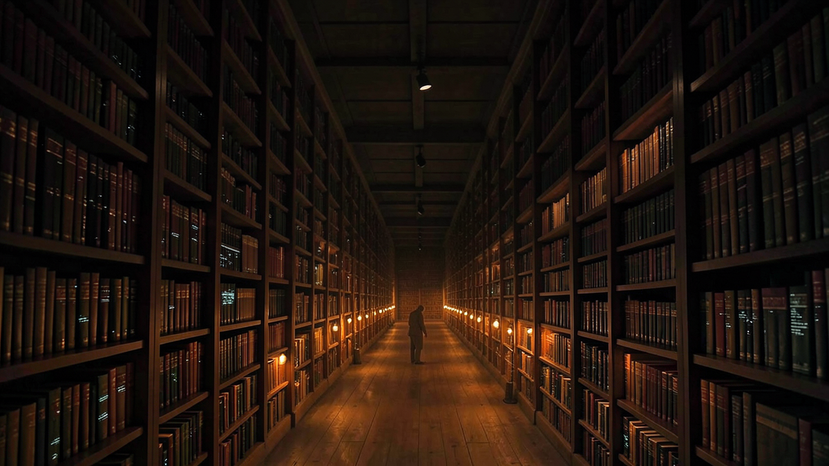 A vast library with infinite shelves receding into darkness, books glowing faintly, with a single figure searching through the stacks, representing the Library of Babel problem of finding meaning in infinite data