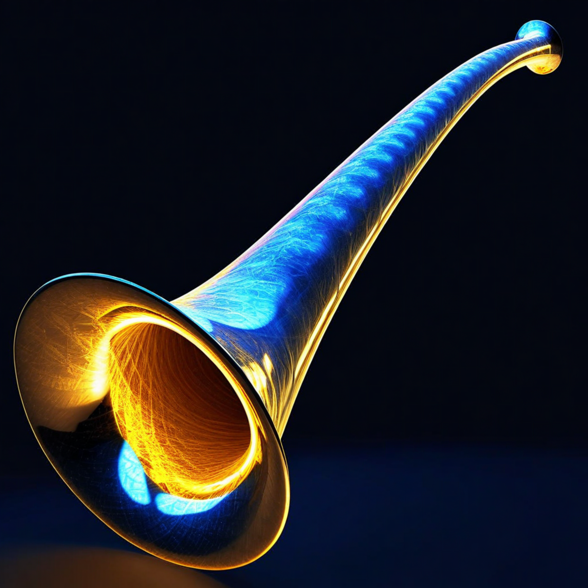 Gabriel's Horn shape rendered in luminous gold and deep blue, the narrow trumpet extending infinitely to the right while its interior glows with contained light, representing finite volume wrapped in infinite surface