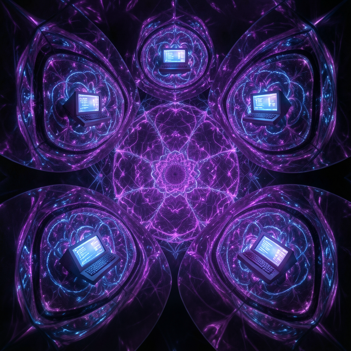 Recursive mirrors reflecting into infinity, each reflection containing a smaller version of a glowing computer terminal, fractal patterns emerging from the recursion, deep purples and electric blues