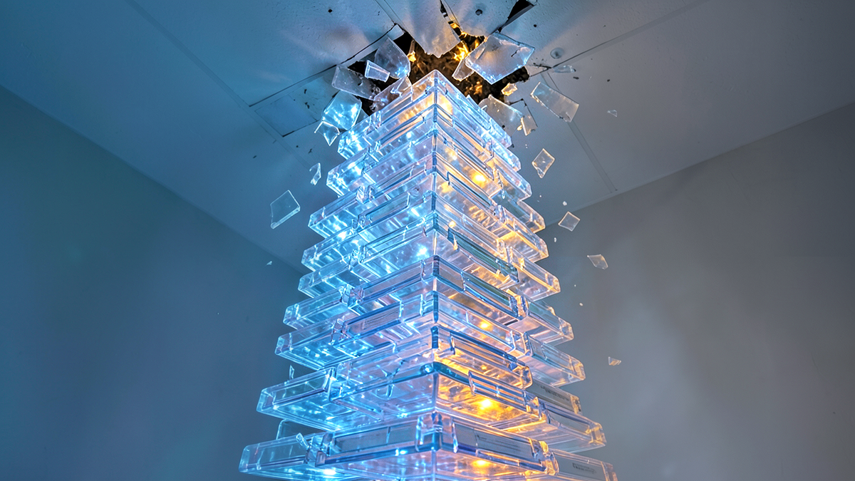 A towering stack of function call frames reaching upward until it hits a hard ceiling and shatters, representing a stack overflow where infinite recursion meets finite memory