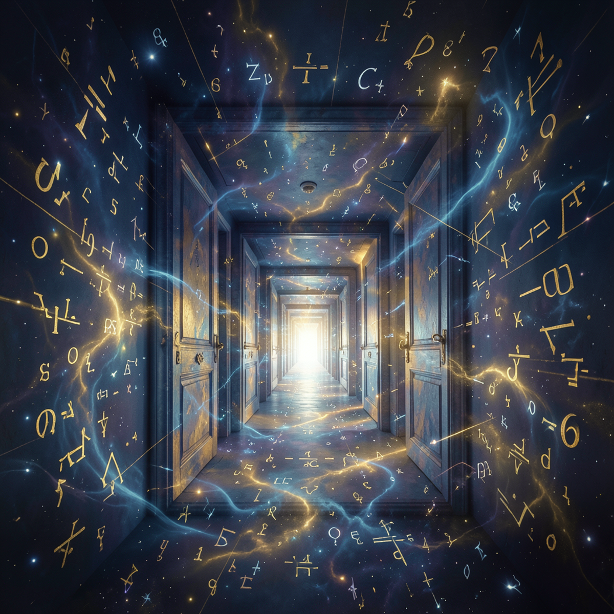 Abstract mathematical visualization of infinity, with an endless corridor of doors receding into a vanishing point, numbers and mathematical symbols floating in space, deep blues and golds, surreal and philosophical atmosphere