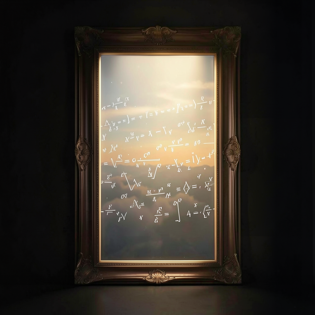 A finite frame containing an infinite vista, a window or doorway opening onto an endless landscape that fades into abstract mathematical symbols, warm light at the edges suggesting the beauty of boundaries