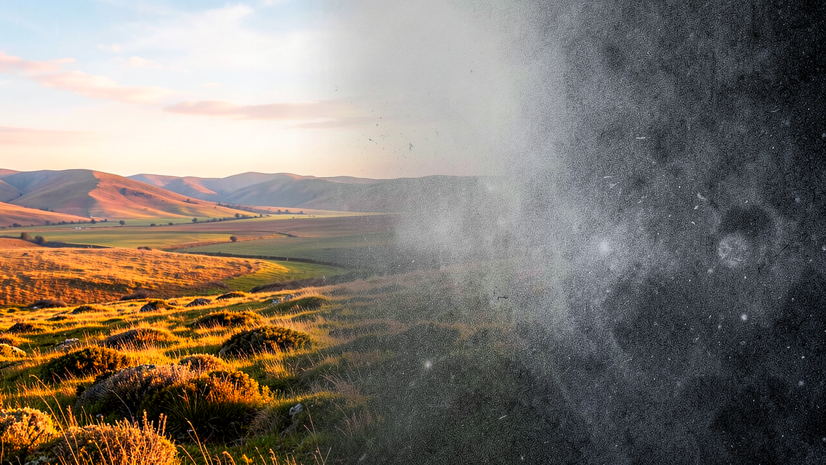 An infinite horizon stretching to the right, gradually dissolving into abstract noise and static, while the left side shows a clear, focused, finite landscape with sharp detail