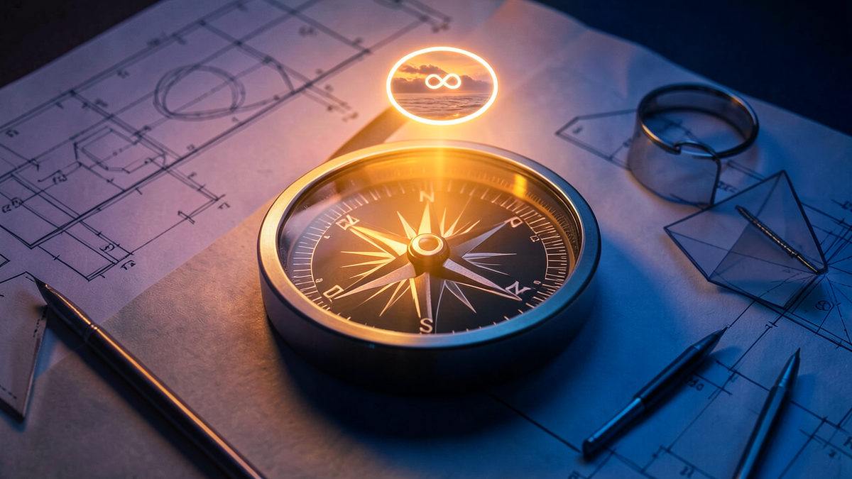 A compass pointing toward an infinity symbol on the horizon, surrounded by practical tools and blueprints, representing infinity as a direction for design rather than a destination to reach