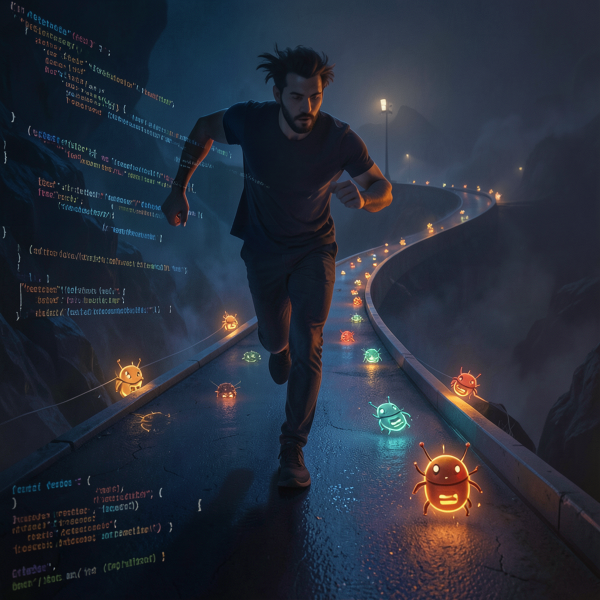 A software developer running toward a finish line that recedes into the distance, with an asymptotic curve stretching ahead, code fragments and bug icons scattered along the diminishing path