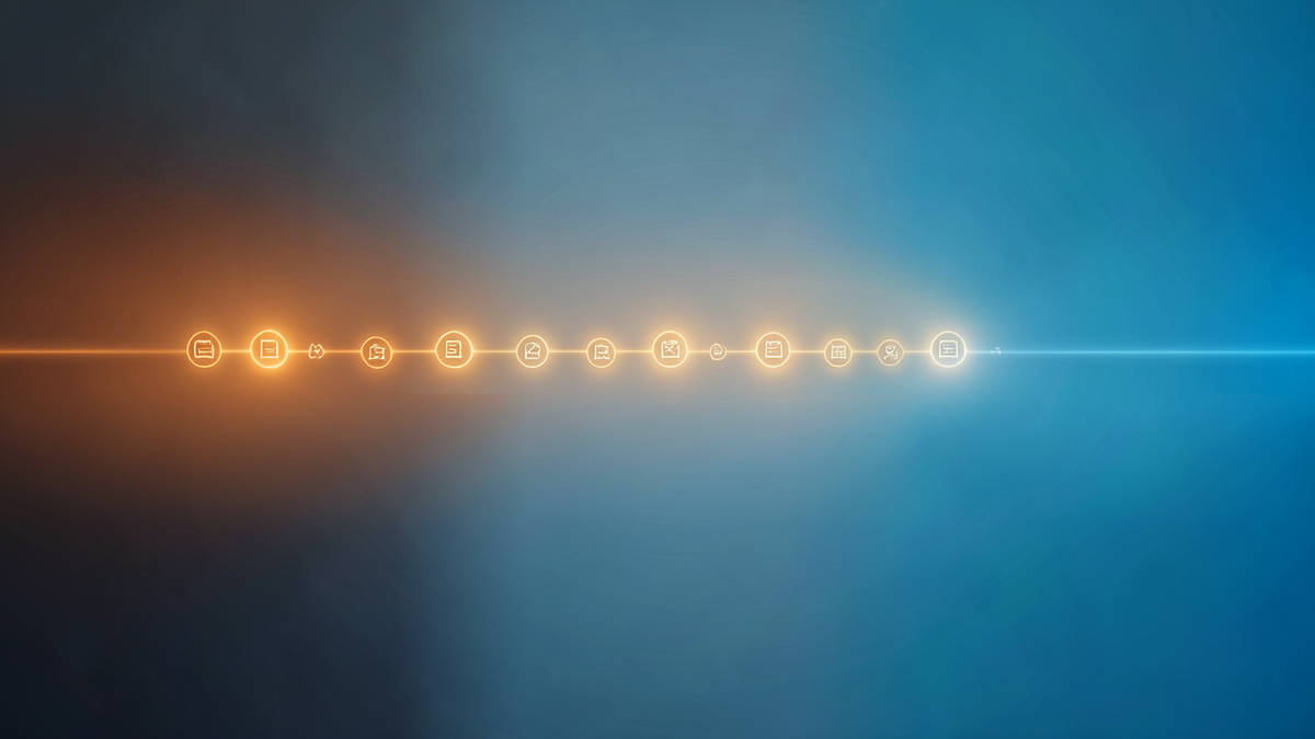 An asymptotic curve on a graph approaching but never reaching a horizontal line labeled 'done', with each step along the curve marked by smaller and smaller software tasks, bugs, and edge cases