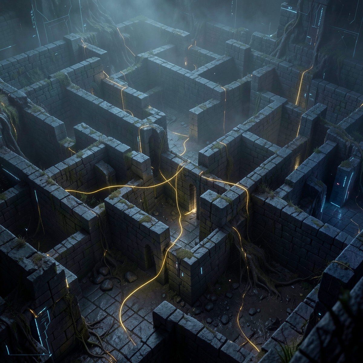 A labyrinth that is building itself, stone walls growing and shifting autonomously, new corridors emerging from the walls while a glowing thread winds through the maze, sometimes leading forward and sometimes looping back on itself
