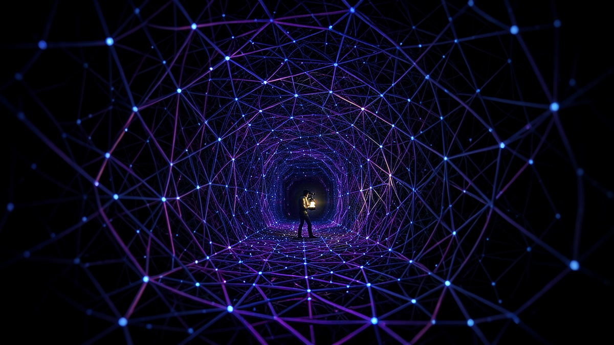 A vast neural network visualized as a dark labyrinth of interconnected glowing nodes and pathways, with a small figure holding a microscope trying to illuminate individual corridors while the larger structure remains in shadow