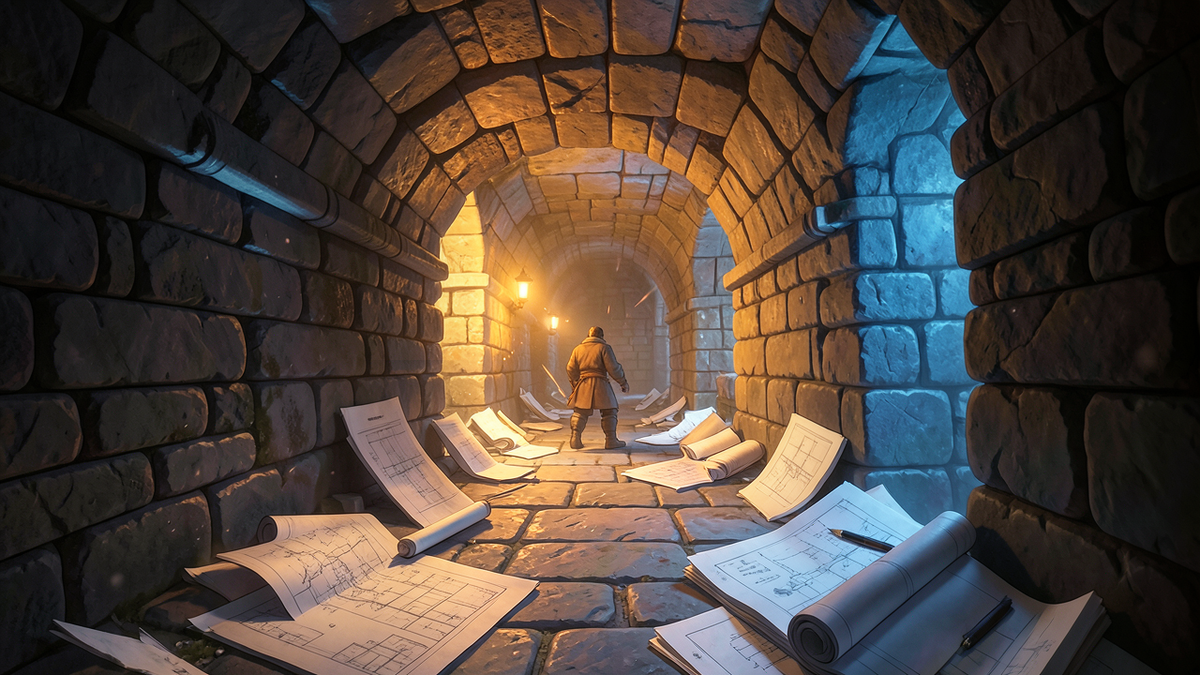 Corridors of a labyrinth being constructed at high speed by invisible hands, new walls appearing faster than a figure with a map can chart them, scrolls of blueprints piling up unread