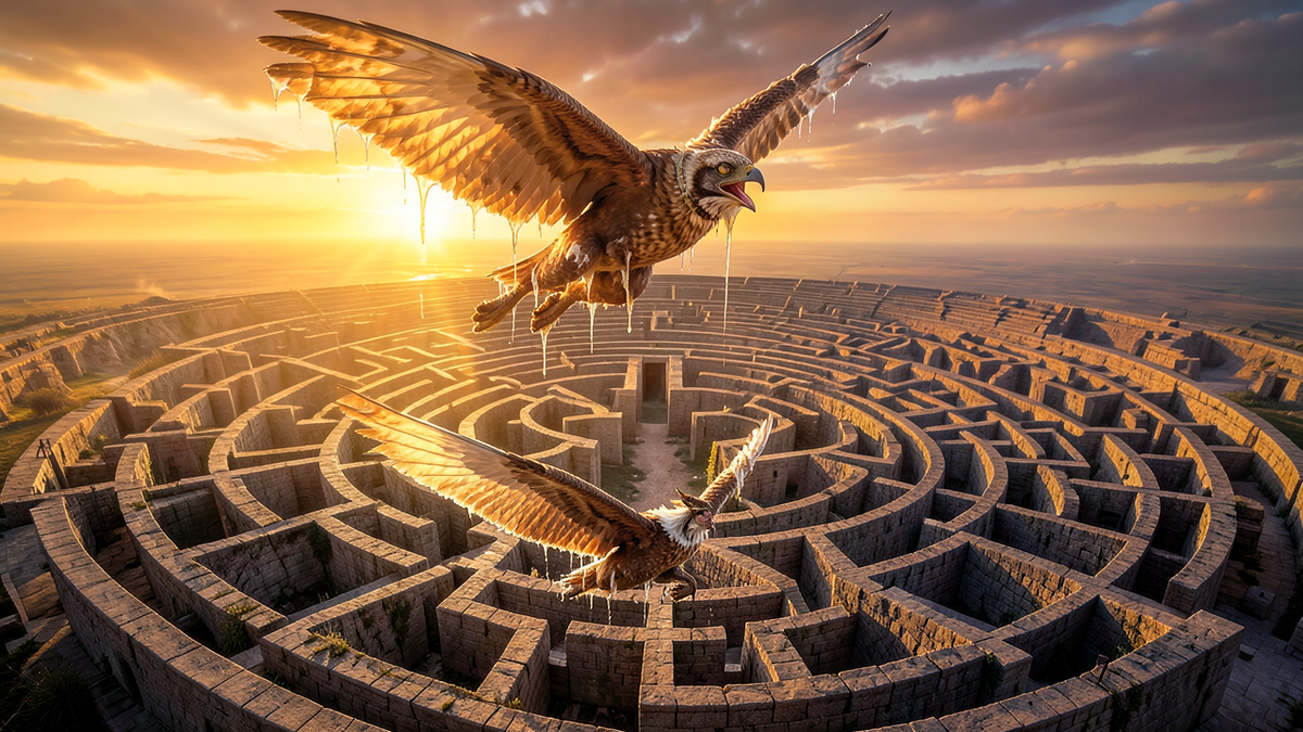 Icarus falling from the sky above a labyrinth, wax wings melting, while below Daedalus flies steadily with disciplined restraint, the labyrinth sprawling beneath them both