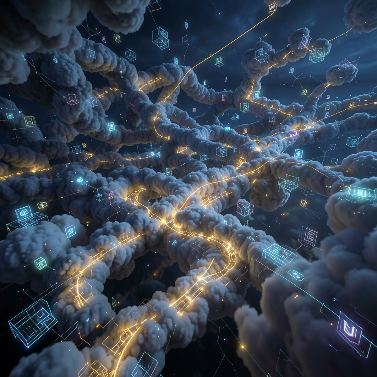 A vast labyrinth made of cloud formations and infrastructure symbols, sprawling and organic, with a golden thread weaving through illuminating hidden passages