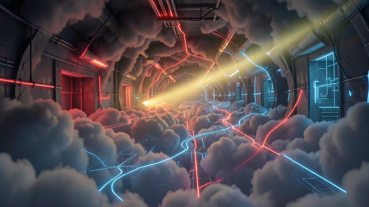 Golden light scanning through a cloud labyrinth and highlighting unused corridors and wasted resources in red, representing AI-powered cost optimization