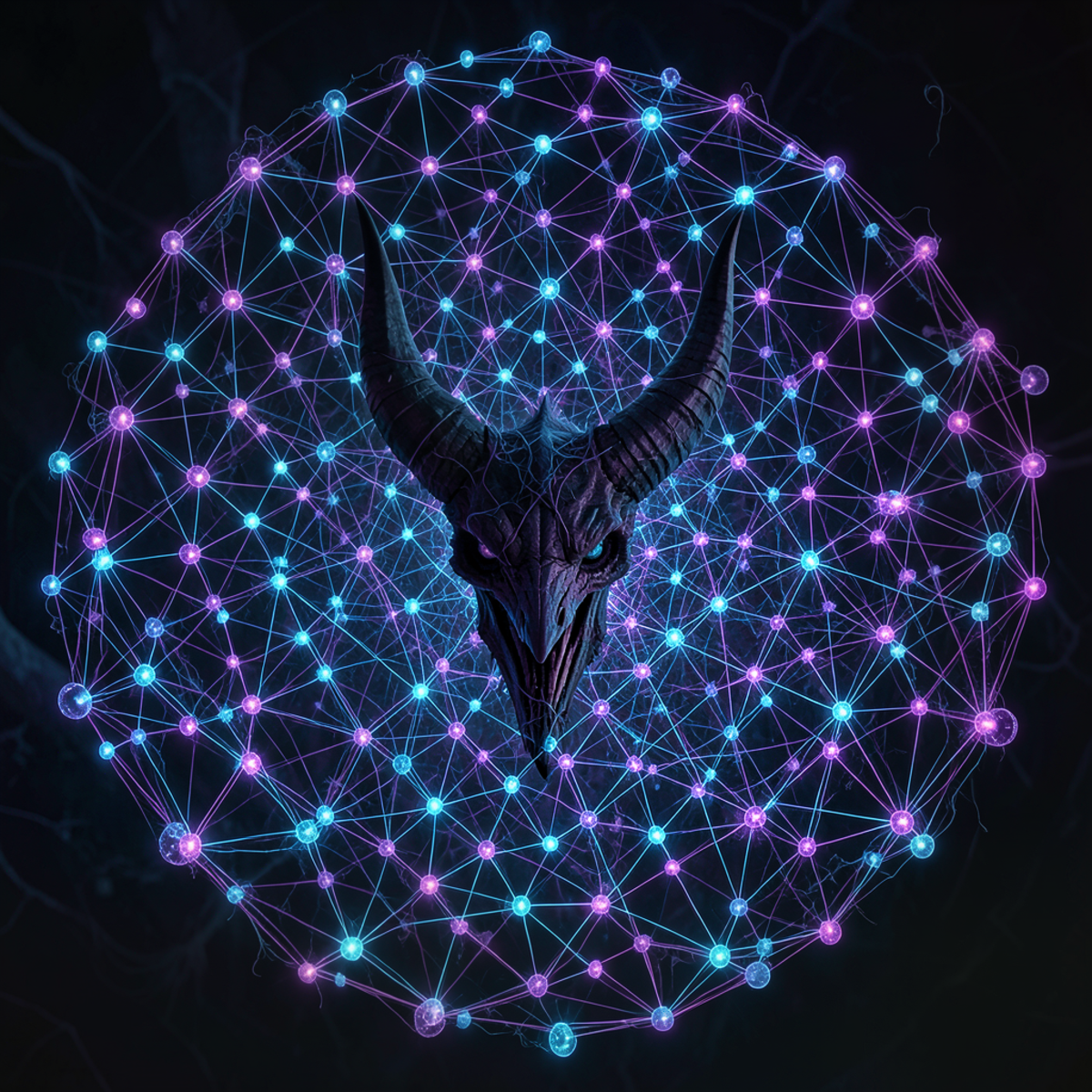 A tangled web of glowing nodes and connections forming a vast dependency graph, with a dark menacing shape hidden deep within the network
