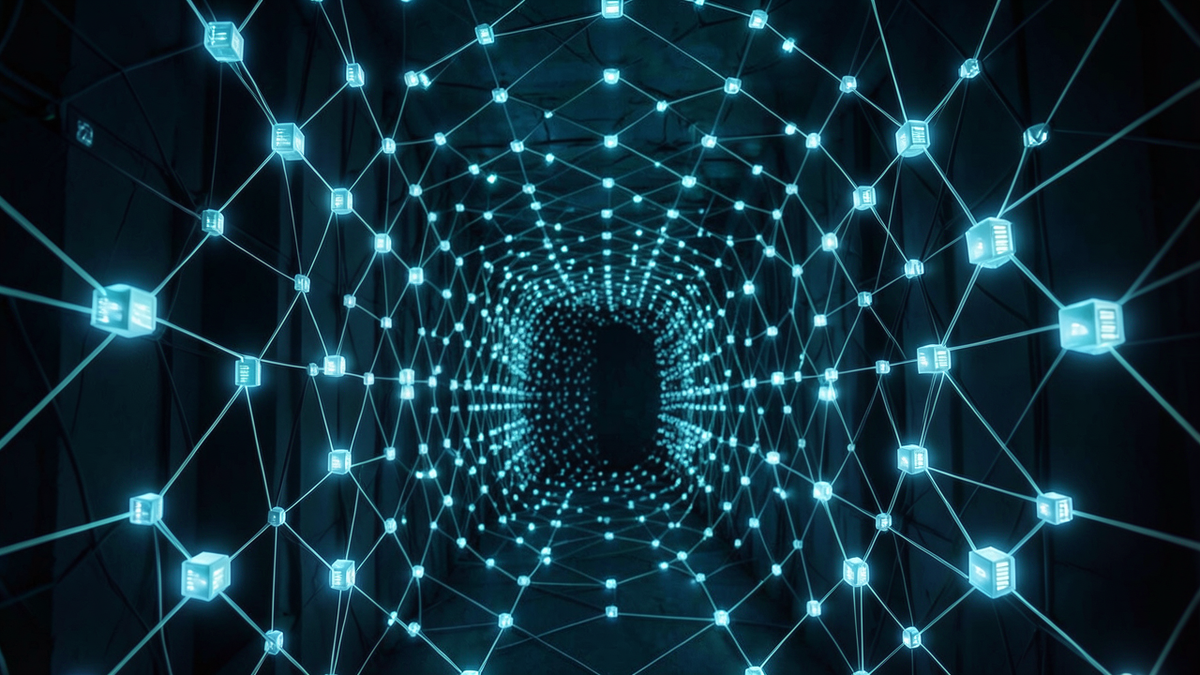 Branching corridors of a labyrinth made of interconnected software packages, each node glowing faintly, with depth suggesting layers of transitive dependencies