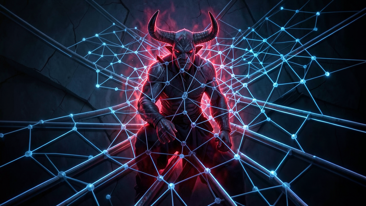 A dark horned figure lurking at a deep junction in a network of glowing paths, representing a vulnerability hidden deep in a dependency chain