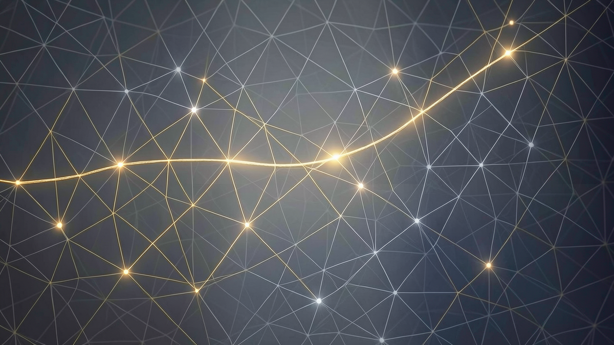 A golden thread of light tracing a specific path through a complex network graph, illuminating only the reachable nodes while leaving unreachable paths dim