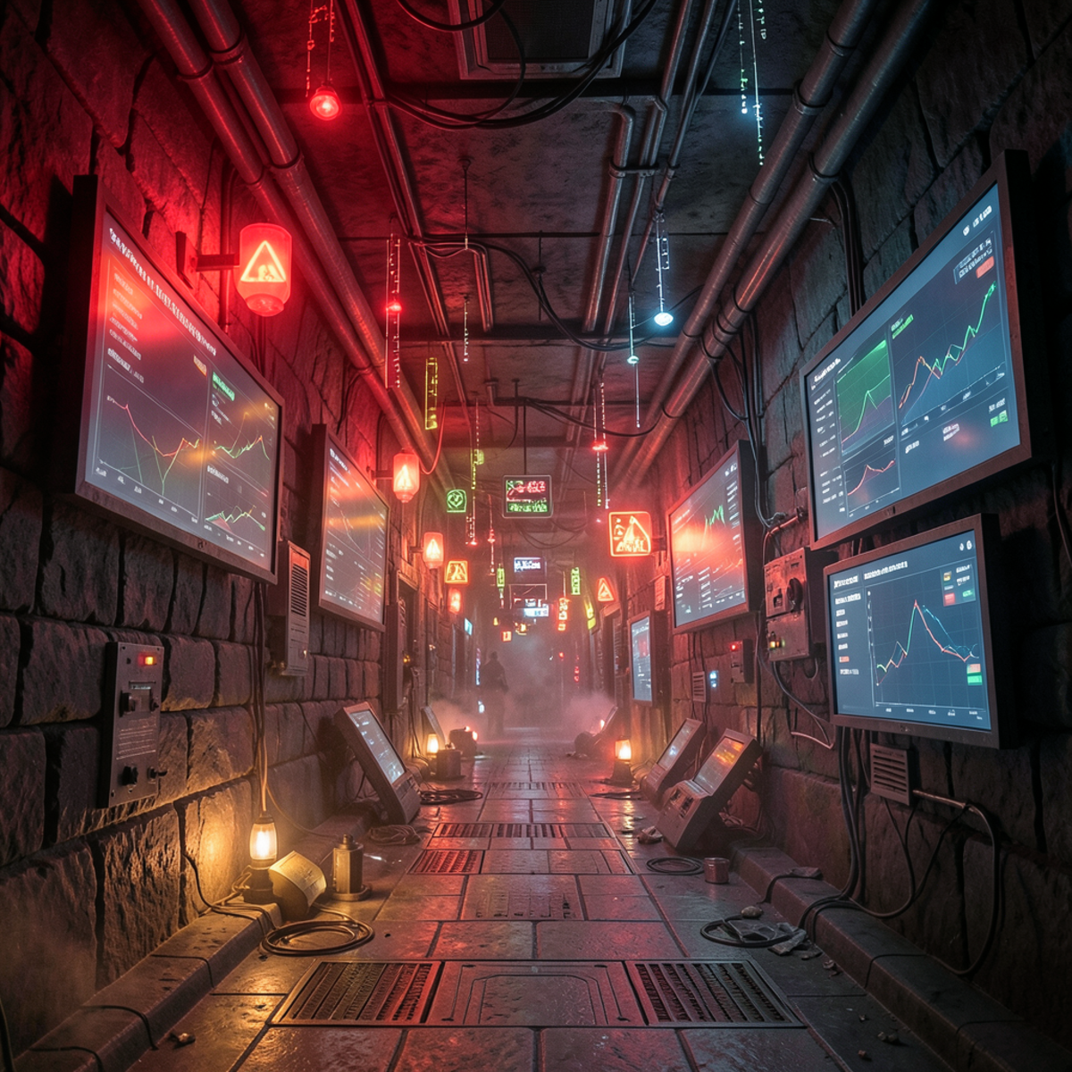 A labyrinth corridor filled with flickering warning lights and cascading alert signals, chaos and urgency in the atmosphere