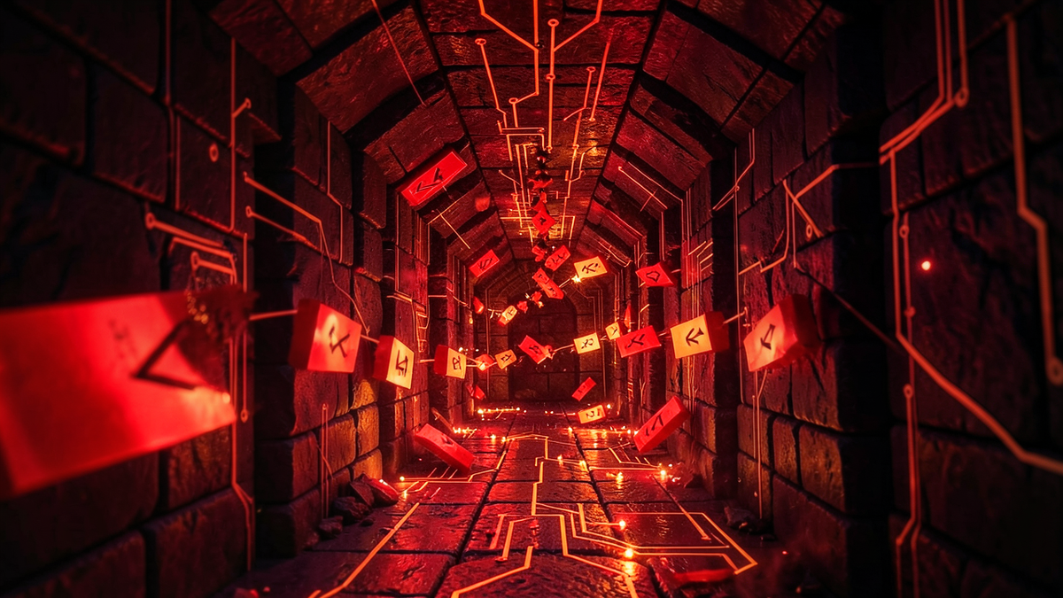 Cascading red warning signals propagating through interconnected labyrinth corridors, each failure triggering the next in a chain reaction