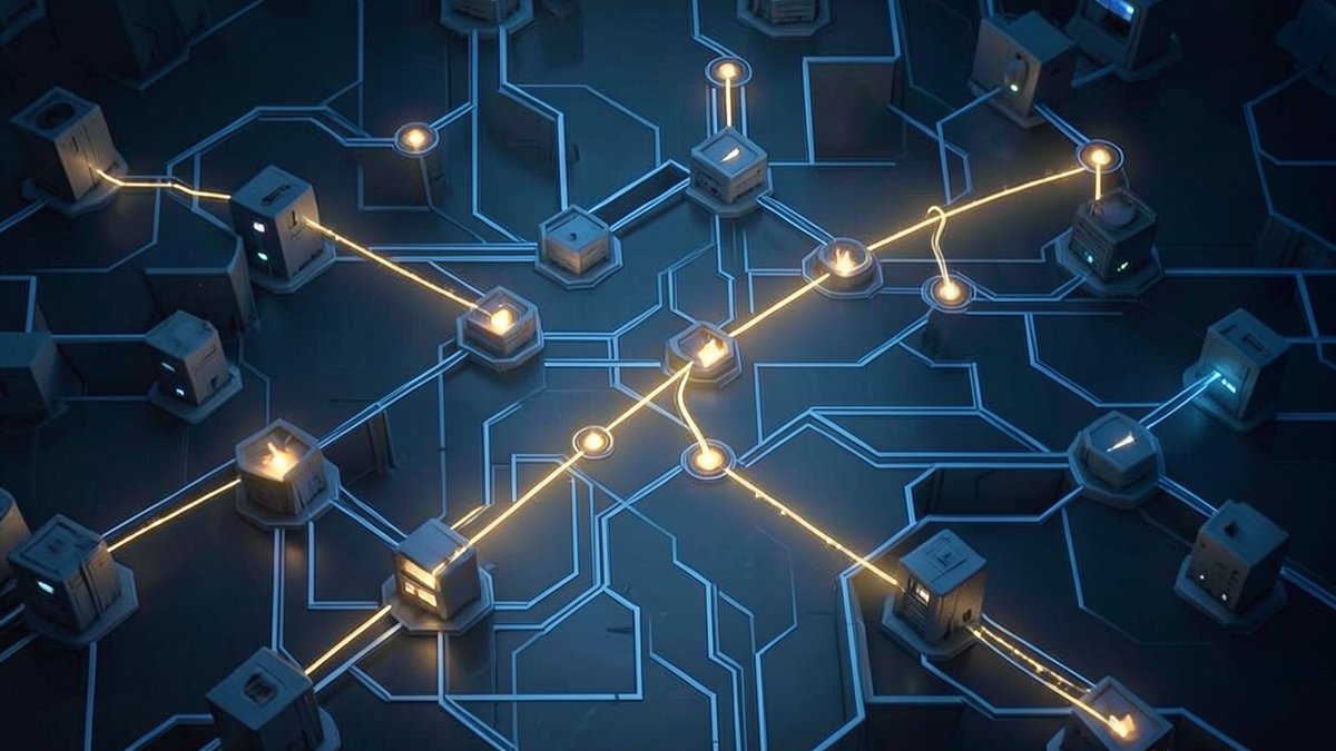 A glowing trace line following a single path through a complex maze of services, illuminating each node it passes through while the rest remains dim