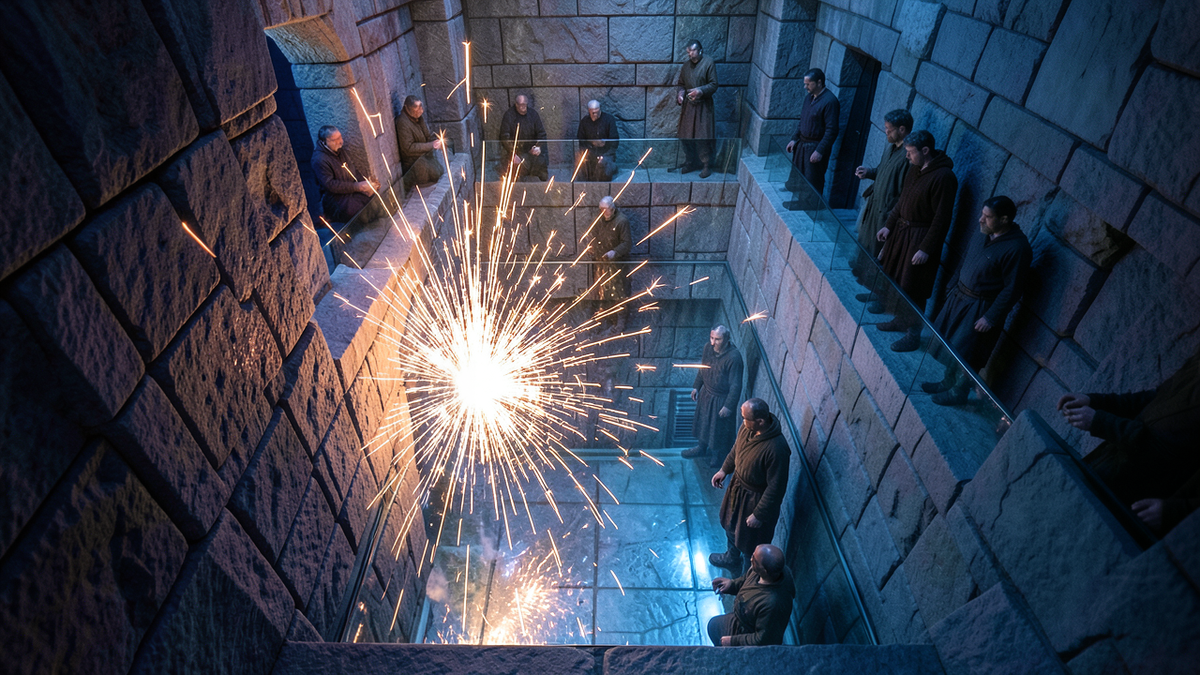 A controlled explosion in one corridor of a labyrinth while engineers observe from a safe vantage point, representing chaos engineering