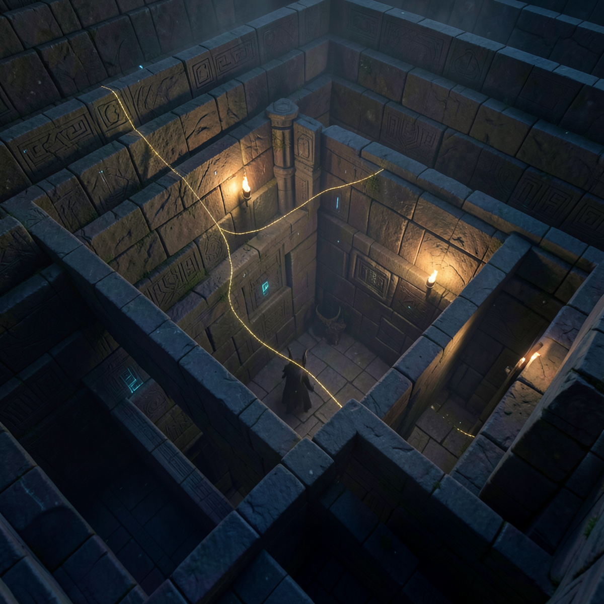 A vast stone labyrinth seen from above, with a glowing golden thread tracing a path through dark corridors and a shadowy figure at its center