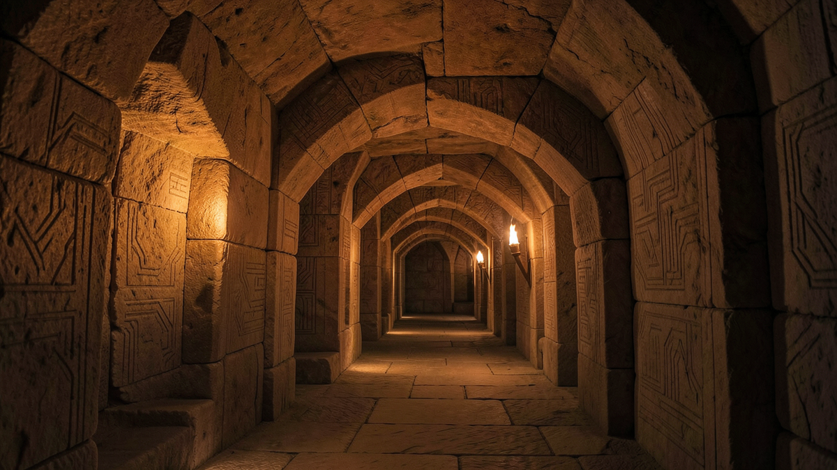 Labyrinth corridors branching into increasingly complex passages, each turn revealing more turns, torchlight fading into deeper darkness