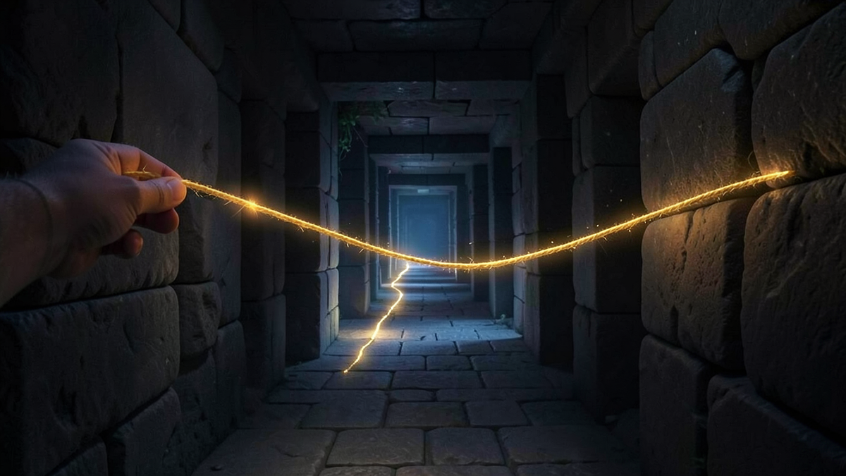 A hand holding a glowing golden thread stretching into a dark labyrinth corridor, illuminating one path while surrounding passages remain in shadow