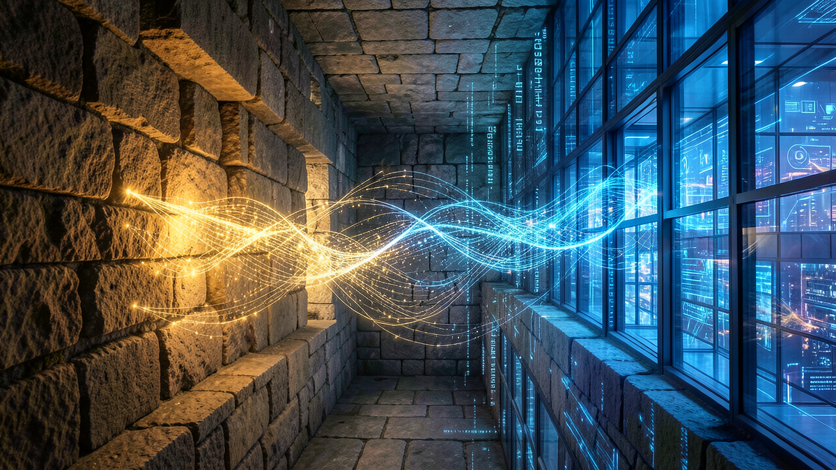 A luminous thread transforming into streams of data, flowing through a labyrinth that transitions from ancient stone to modern digital architecture