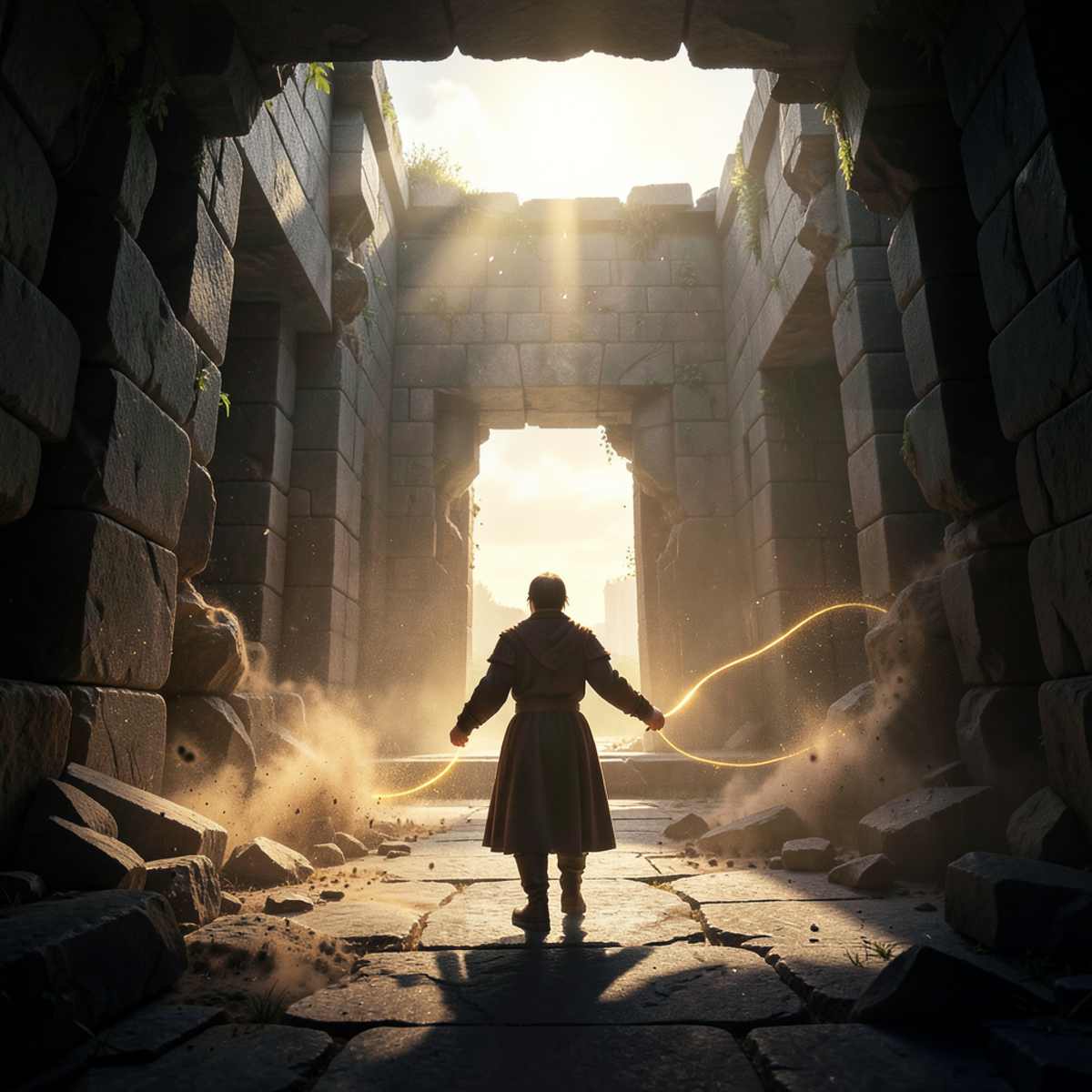 A figure emerging from a labyrinth into open sunlit space, the labyrinth behind them partially demolished with walls crumbling, a golden thread still in hand but no longer needed, warm light ahead