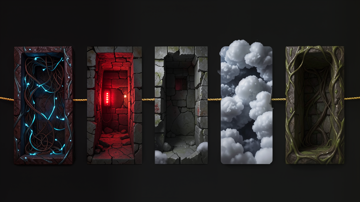 Five labyrinth corridors seen from above, each with a different character representing the five technology posts: tangled wires, flickering warning lights, crumbling walls, cloud formations, and self-building walls