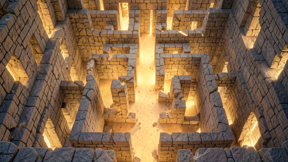 A labyrinth viewed from above with corridors slowly being demolished, walls dissolving into light, the maze becoming simpler and more open with each wall removed