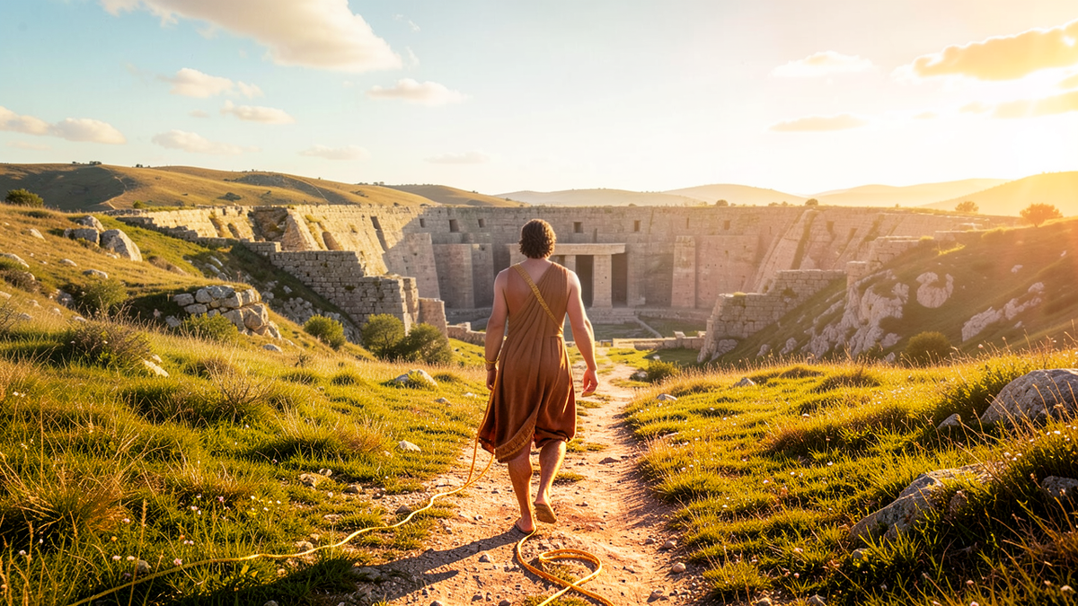 Theseus walking away from the labyrinth into open landscape, the thread trailing behind him on the ground, the labyrinth receding into the distance, representing escape rather than navigation
