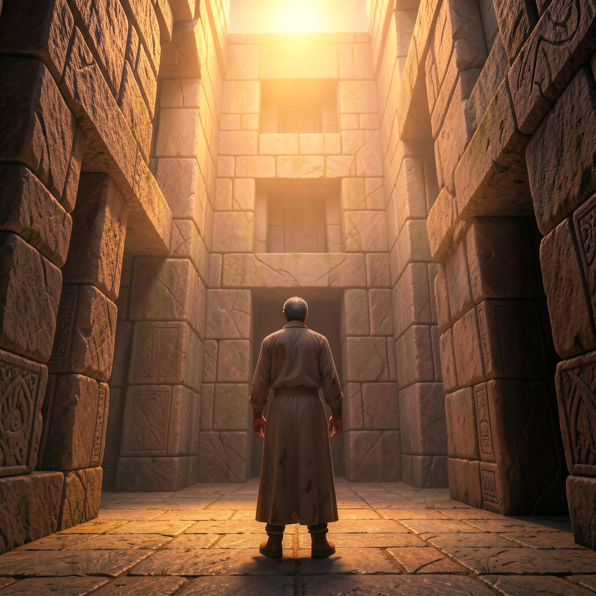 A figure standing in a labyrinth of their own making, looking at walls they built with regret, warm amber light suggesting a path upward