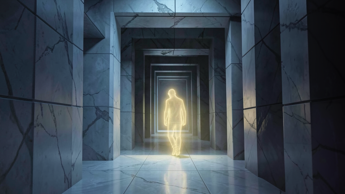 A fading ghostly figure walking away from a labyrinth, leaving behind corridors that grow darker and more opaque as the figure recedes