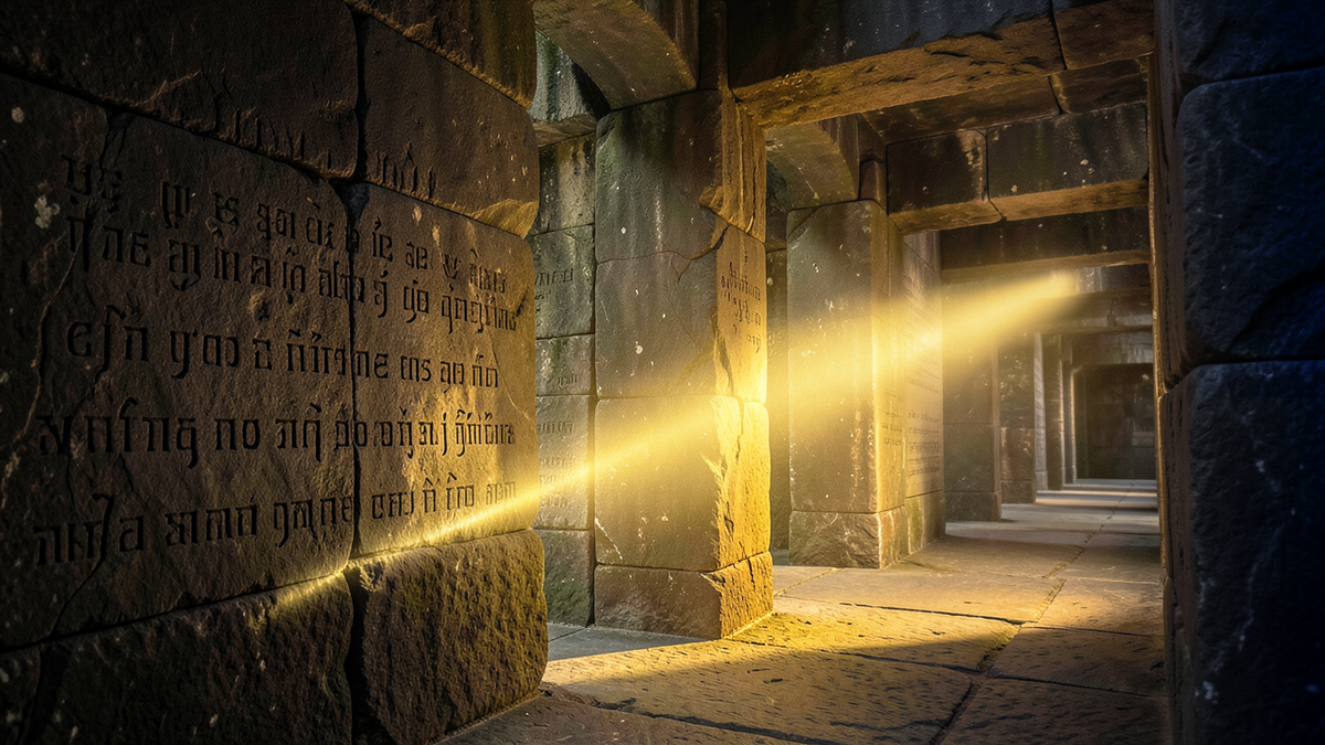 Ancient weathered stone corridors with faded inscriptions being illuminated by a modern golden light, representing AI reading and interpreting legacy code