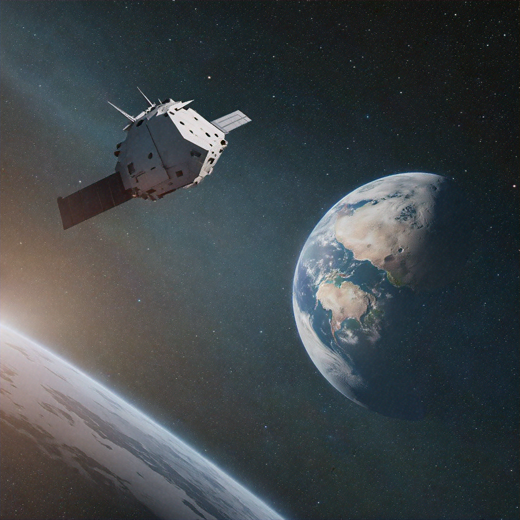 Asteroid approaching Earth from space with spacecraft intercepting it, representing planetary defense and cosmic threat mitigation