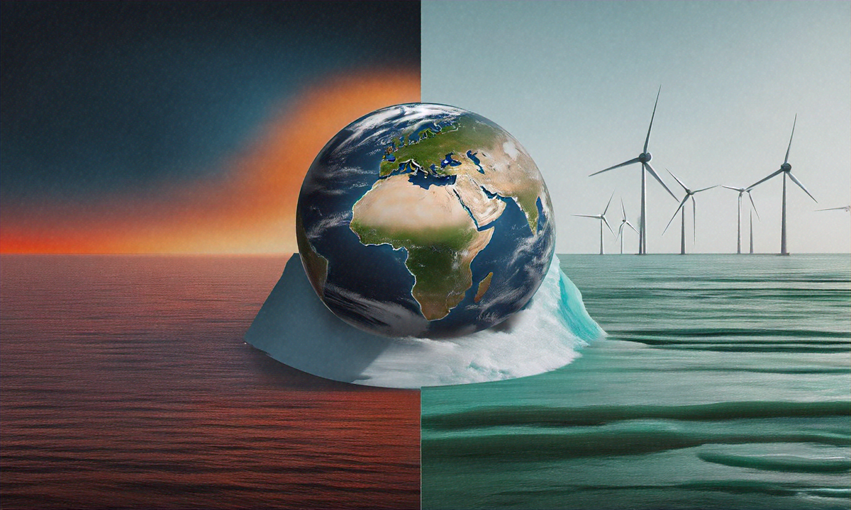 Dramatic visualization of Earth showing climate change risks and renewable energy solutions