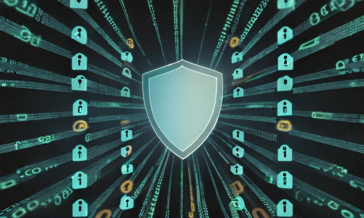 Digital shield protecting against streams of data and code representing cybersecurity defense