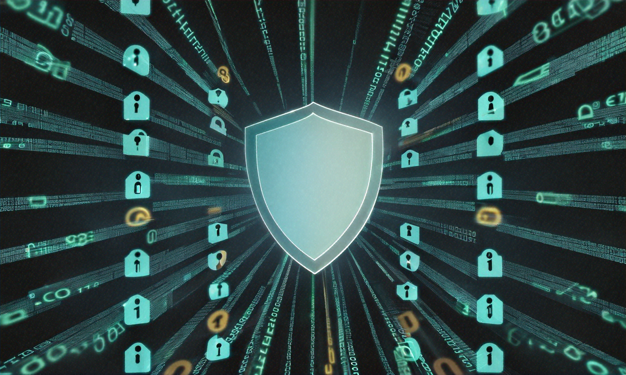 Digital shield protecting against streams of data and code representing cybersecurity defense