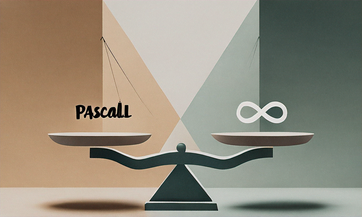 Abstract minimalist illustration of Pascal's Wager showing balanced scales and infinity, representing decision-making under uncertainty